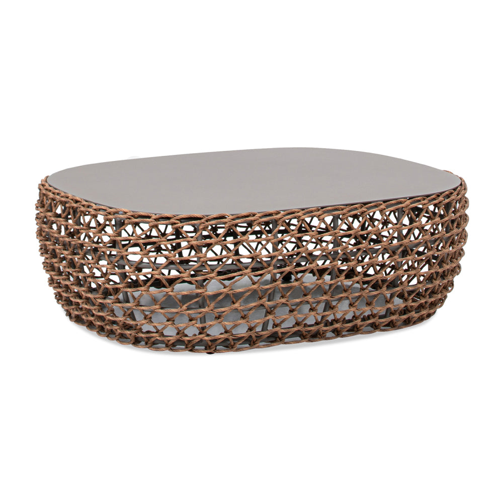 Willow 40.5" Oval Woven Patio Coffee Table, Golden Brown Wicker Frame, Wheat Beige