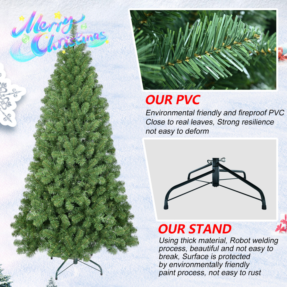 6ft Christmas Tree with Memory Wire, 760 Tips Hinged Artificial PVC Tree, Easy Setup Green Xmas Tree for Indoor Holiday Decoration