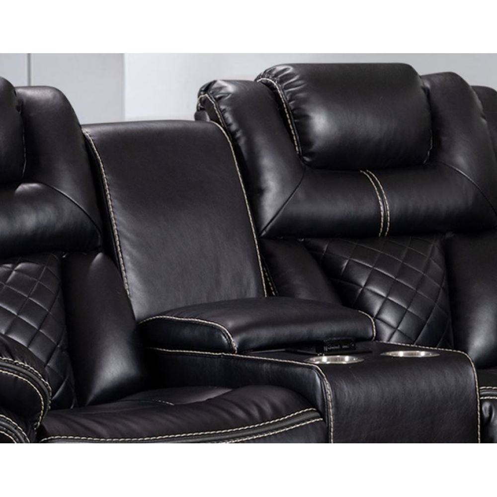 ENCORE 2pc BLACK POWER SOFA, LOVESEAT SET DUAL POWER WITH DROP DOWN TRAY& SPEAKERS, WIRELESS CHARGER, LIGHT TAPE LEATHER GEL USB ON SWITCH