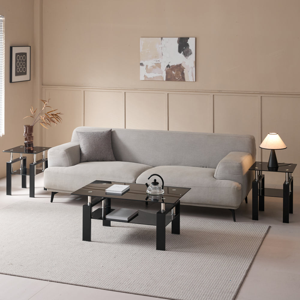 Tempered Black Glass Coffee Table, 2-Layers Tea Table