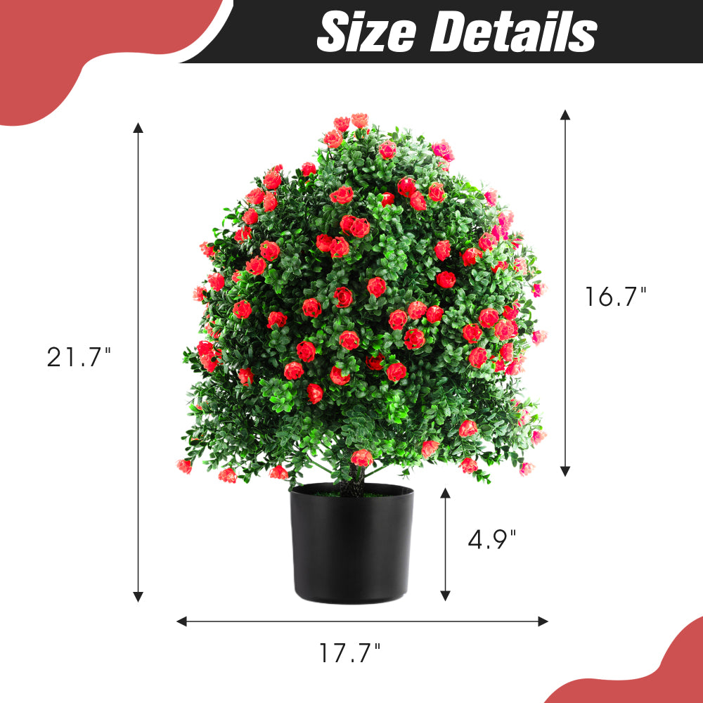2-Pack 21.6" Tall Artificial Rose Topiary Ball Tree, Planter Bushes UV Resistant Look Real for Indoor Outdoor Home Garden ,Red