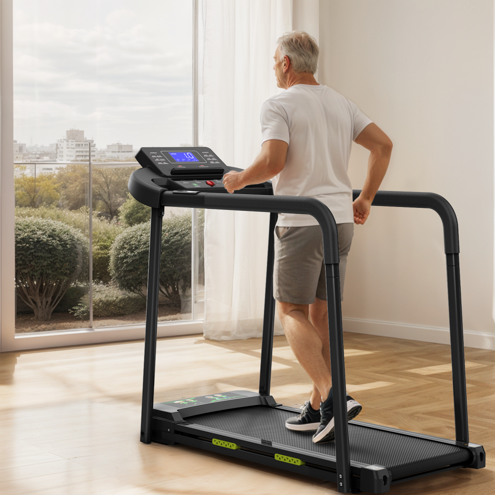 Walking Pad Treadmill for Senior, Foldable Exercise Treadmill with Stable and Safe Structural Design, Large LED Display for Elderly, Long Handrail for Balance, 300 Lbs Capacity