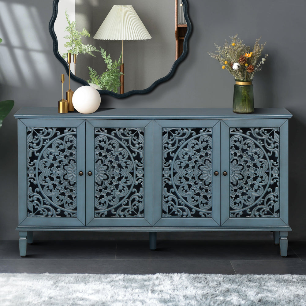 Carved Flower Door Large Storage Cabinet With Metal Handle Suitable For Living Room, Kitchen, Entryway(NATURAL WOOD)