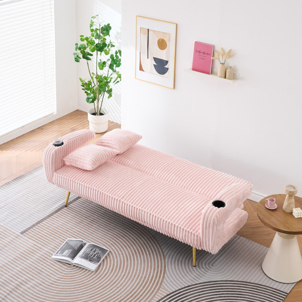 The straight-row white corduroy sofa with throw pillows, featuring a minimalist style, is suitable for the living room and study