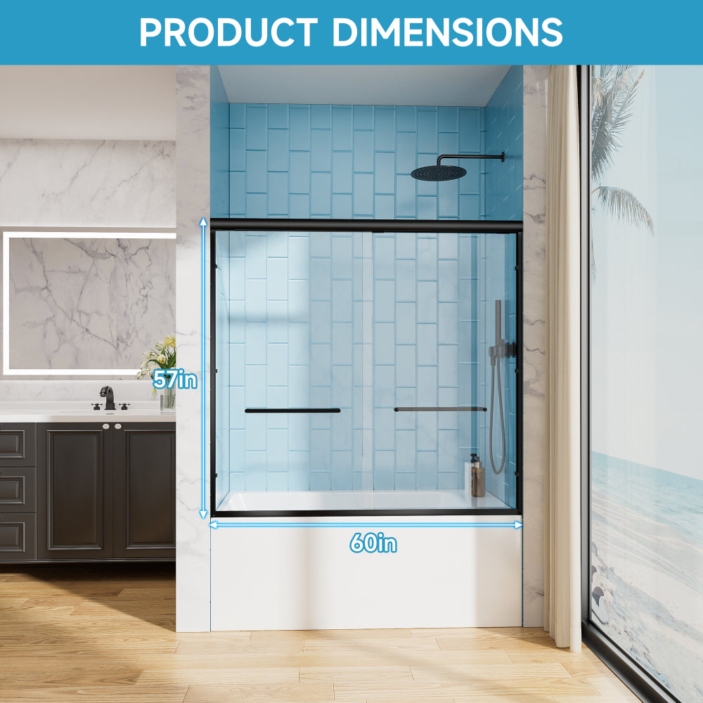 60" W x 57" H Aluminum Frame Double Sliding Shower Door, Soft-Close Matte Black Bathtub Door, 1/4" (6mm) Clear Nano-Coated Tempered Glass, Dual Stainless Steel Handles