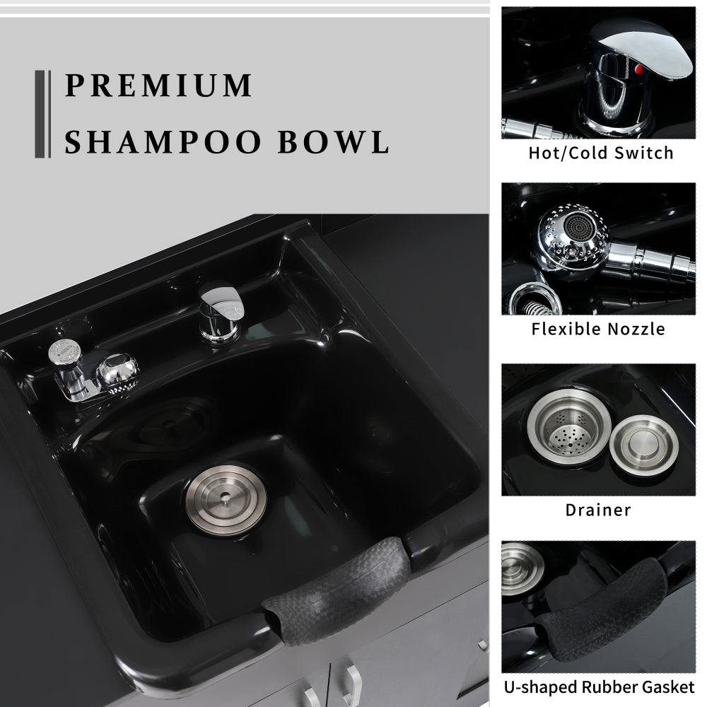 Shampoo Backwash Station for Salons,Salon Station with Shampoo Bowl & Storage Layer, Drawer,10V Outlets, USB Port, Faucet Sprayer, Salon Equipment for Spa Beauty