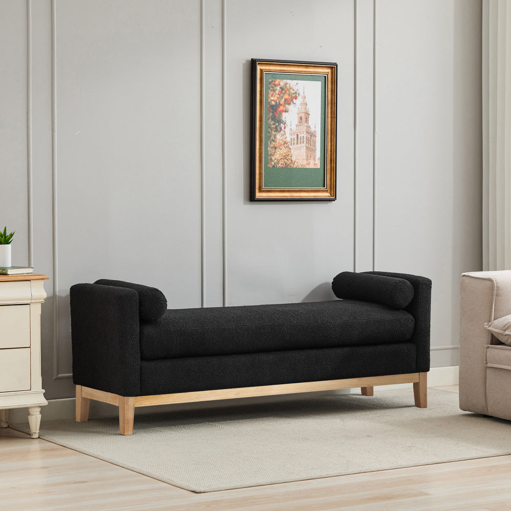 66.34"W Elegant Upholstered Bench,Daybed, Ottoman with Wood Legs & 2 Bolster Pillows for End of Bed, Bedroom, Living Room, Entryway,Ivory Boucle