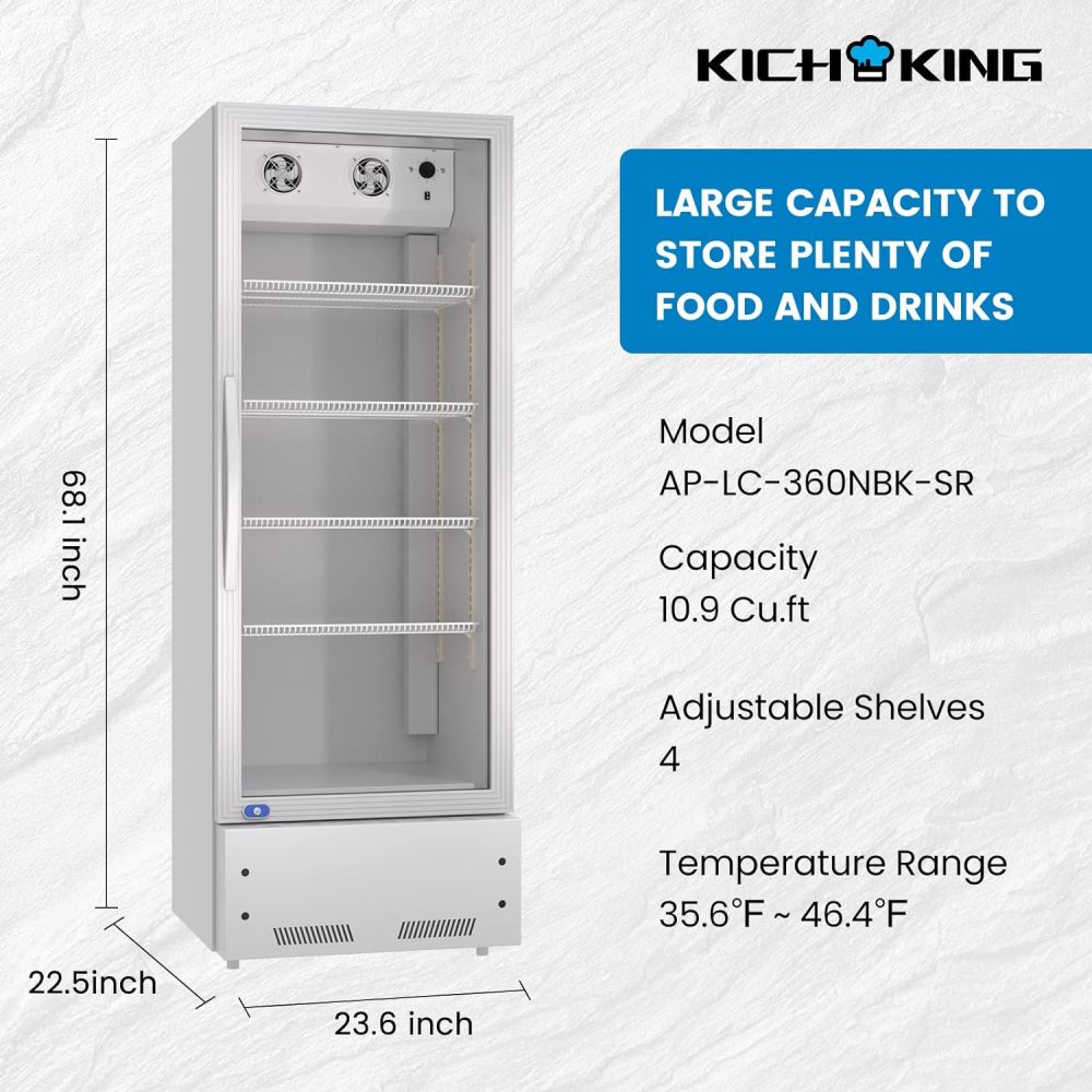 Commercial Display Refrigerator, Upright Swing Glass Door Merchandiser Fridge with LED Lightning, Reach-in Beverage Cooler for Shop Restaurant, ETL Approved, 10.9 Cu. Ft, SILVER