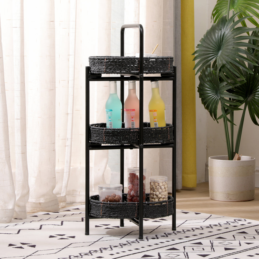 Small Handwoven Side Tables 3-Tier Oval Organizer Portable Storage Shelf for Kitchen, Living Room, Bedroom, Balcony, Picnic (Black)