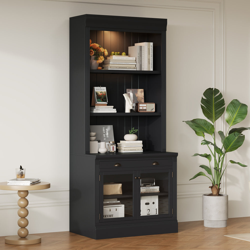 83.4"Tall Bookshelf with Writing Desk, Modern Bookcase with Study Desk, Workstation with Storage Shelf,Storage Bookcase with Open Shelves and LED Lighting for Living Room,Home Office,White