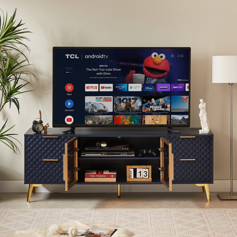 Deluxe Sculpted Modern Fashion Geometric Style TV Stand, Aluminum Frame Tempered Glass Door 4 Drawer Chest with Adjustable Metal Feet ,Dark Blue,59.9"L x 15.7"W x 21.7"H