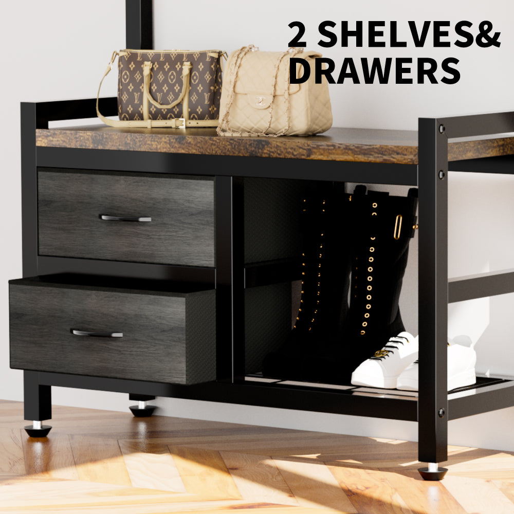 33.1" Wide Hall Tree with 2 Movable Drawers, Shoe Storage, Shelves and Garment Racks, 5-in-1 Entryway Bench with 23 Hooks (Fixed and Movable)