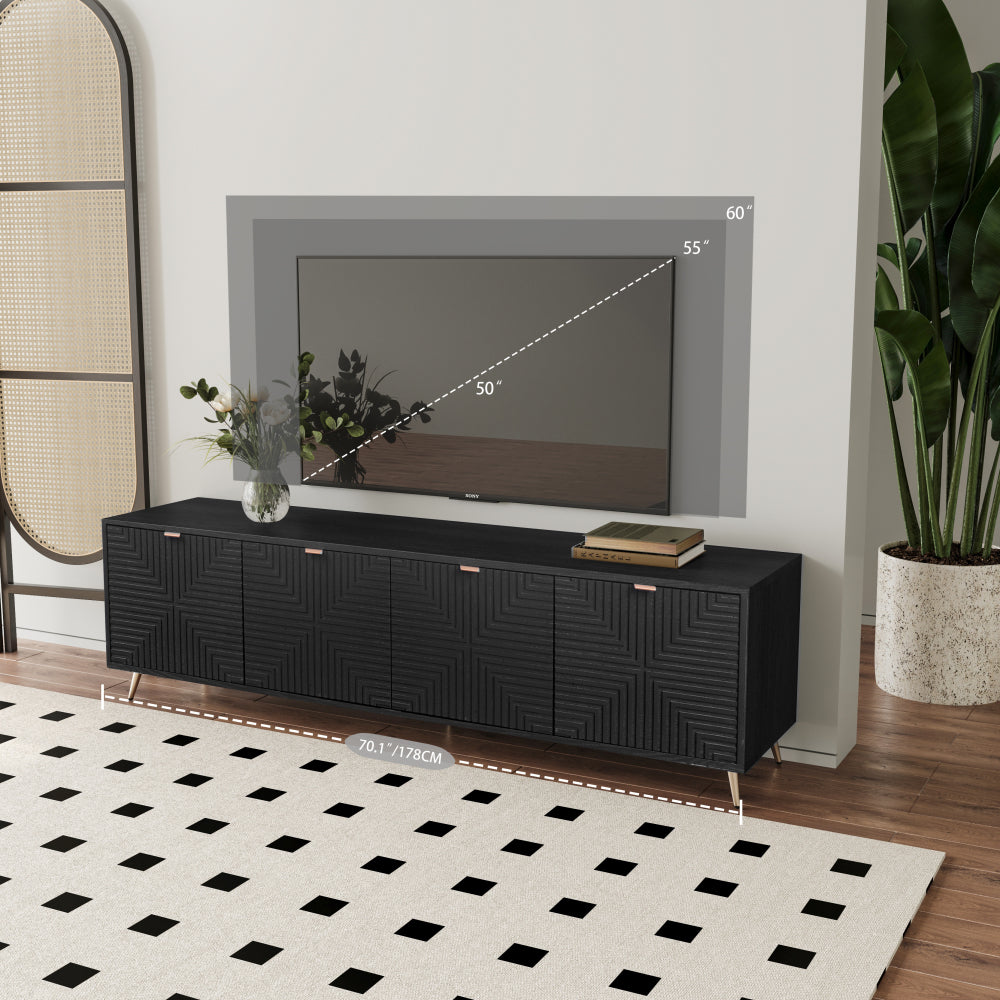70"-90" Extendable TV Cabinet, Modern Entertainment Center with Storage and Adjustable Shelves, Lacquered and Real Wood Veneered TV Console for Living Room, Hallway, Entryway, Black