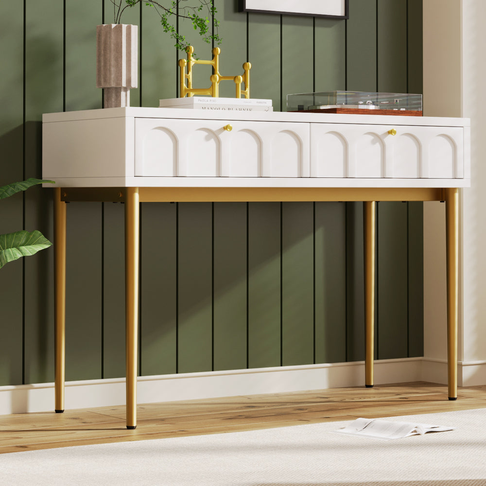 Modern metal leg double drawer dressing table, combining high-quality wood and metal, simple style, multifunctional dressing table, suitable for bedroom, living room, and office use