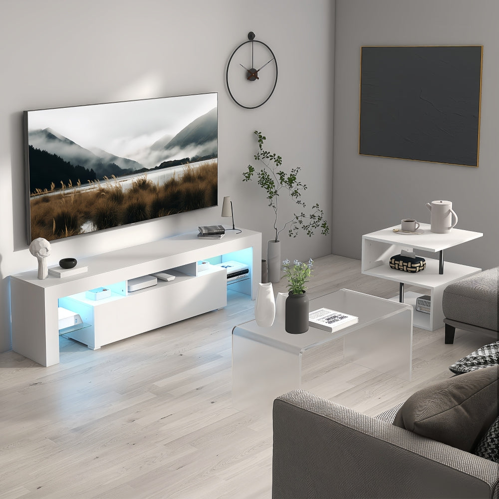 LED TV Stand for Televisions up to 55 Inchs,Modern Entertainment Center with down filp door, Glass shelf and high glossy UV front face, TV Console Table for Living room,Bedroom. Black color