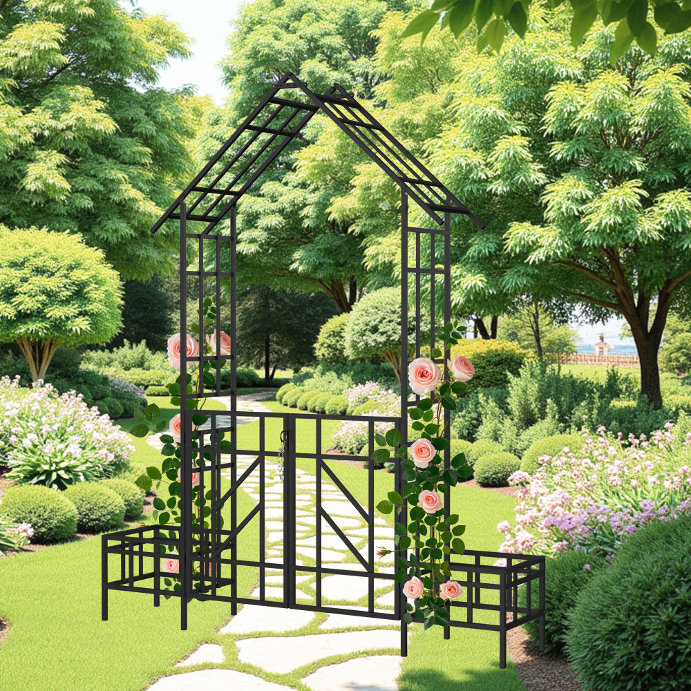 Metal Garden Arch with Adjustable Width W68.11''~W94.29'' Climbing Plants Support Rose Arch Outdoor Black