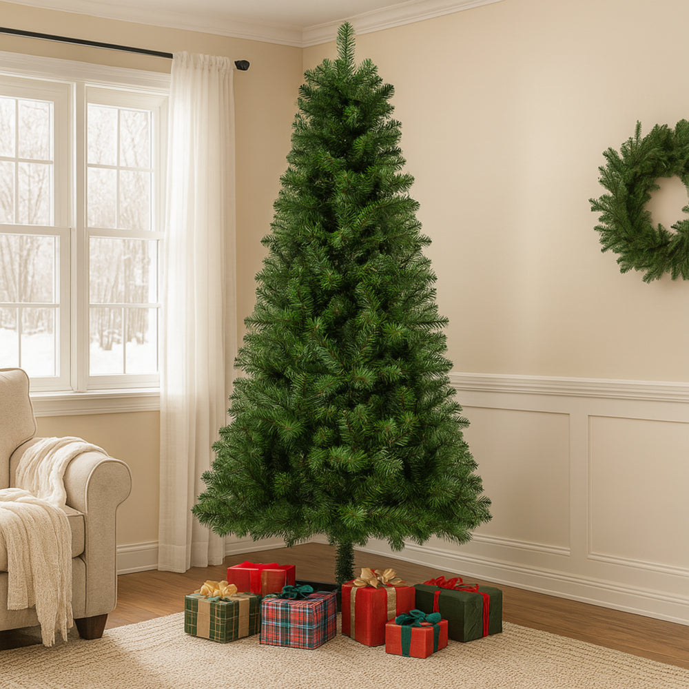 6FT Hinged Unlit Artificial Christmas Tree with 582 Tips, Full PVC Branches, Green Holiday Tree with 4-Leg Plastic Stand for Indoor Christmas Decoration