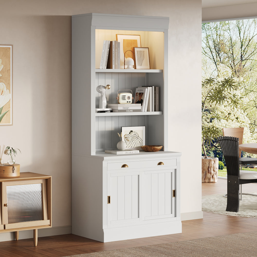 83.4"Tall Bookshelf with LED Lighting, Modern Bookcase with 2 Drawer and 3 Open Shelves,Storage Bookshelf for Living Room,Home Office,White