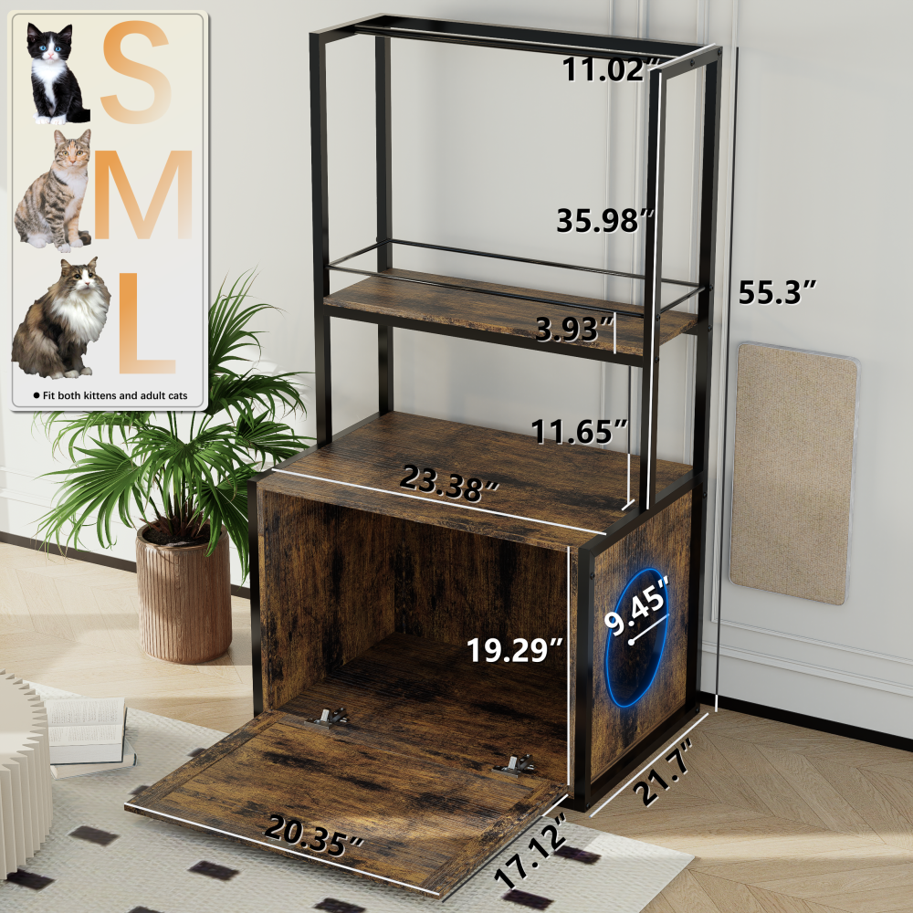 55"Refined Litter Box Enclosure with Storage Shelves and 2 Hanging Clothes Rack, 4-in-1 Hidden Cat Litter Box Enclosure Furniture with Shelf, Reversible Entrance,Rustic Brown