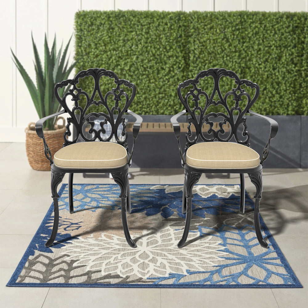 Cast Aluminum Patio Dining Chair 4PCS With Black Frame and Beige Cushions