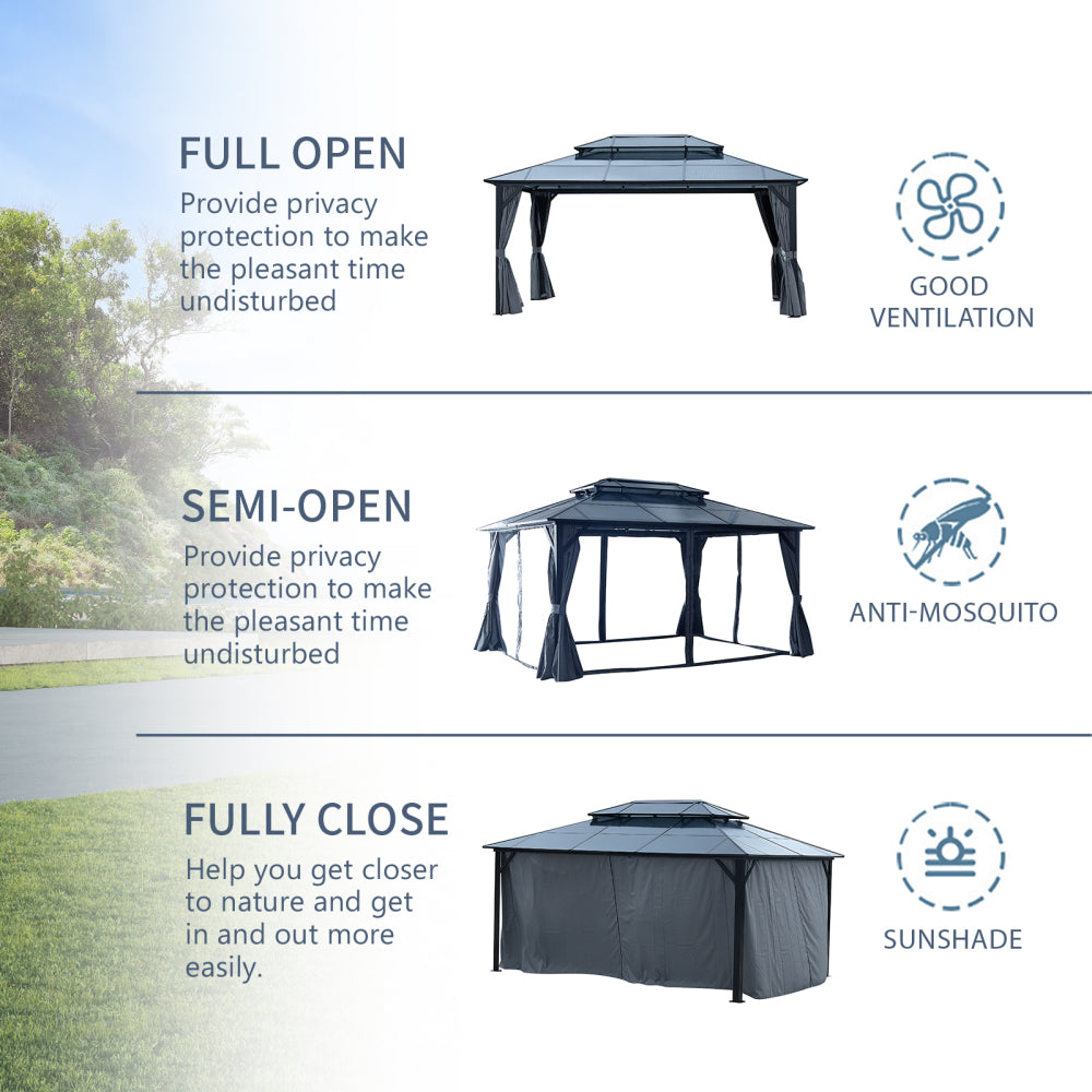 12' x 16' Gazebo Polycarbonate Double Roof Canopy Outdoor Aluminum Frame Pergola, Permanent Pavilion with Netting and Curtains for Garden Patio Lawns Parties