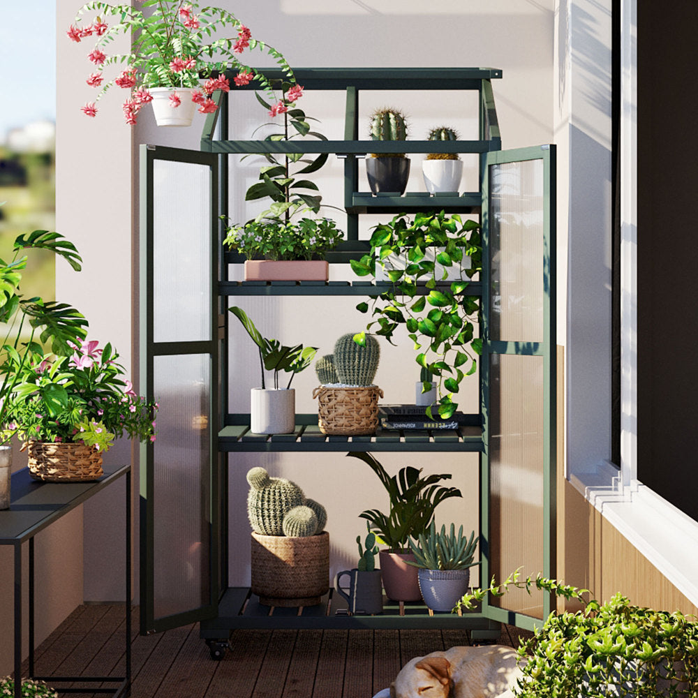 TOPMAX 62inch Height Wood Large Greenhouse Balcony Portable Cold Frame with Wheels and Adjustable Shelves for Outdoor Indoor Use, Black