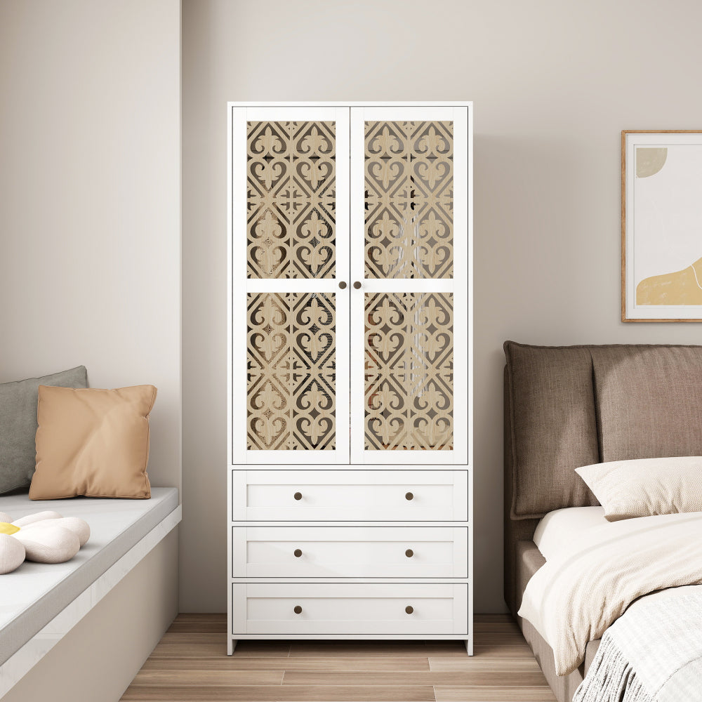 Wardrobe with 3 Drawers High Wardrobe Armoire With Rattan For Living Room, Bedroom Organizer
