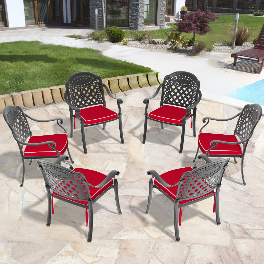 Cast Aluminum Patio Dining Chair 4PCS With Black Frame and Red Cushions