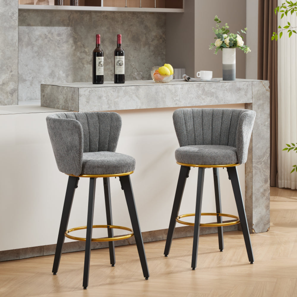 Counter Height Bar Stools Set of 2, 360° Swivel Upholstered Barstools with Backs and Metal Legs, 26" H Seat Height, Velvet Fabric,Goldy Footrest