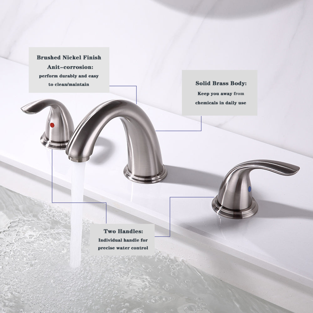 Brushed Nickel Widespread Bathroom Faucet, Waterfall Bathroom Faucets for Sink 3 Hole, 2-Handles Modern Vanity Faucet with Pop Up Drain Assembly and Lead-Free Supply Hose,8-Inch