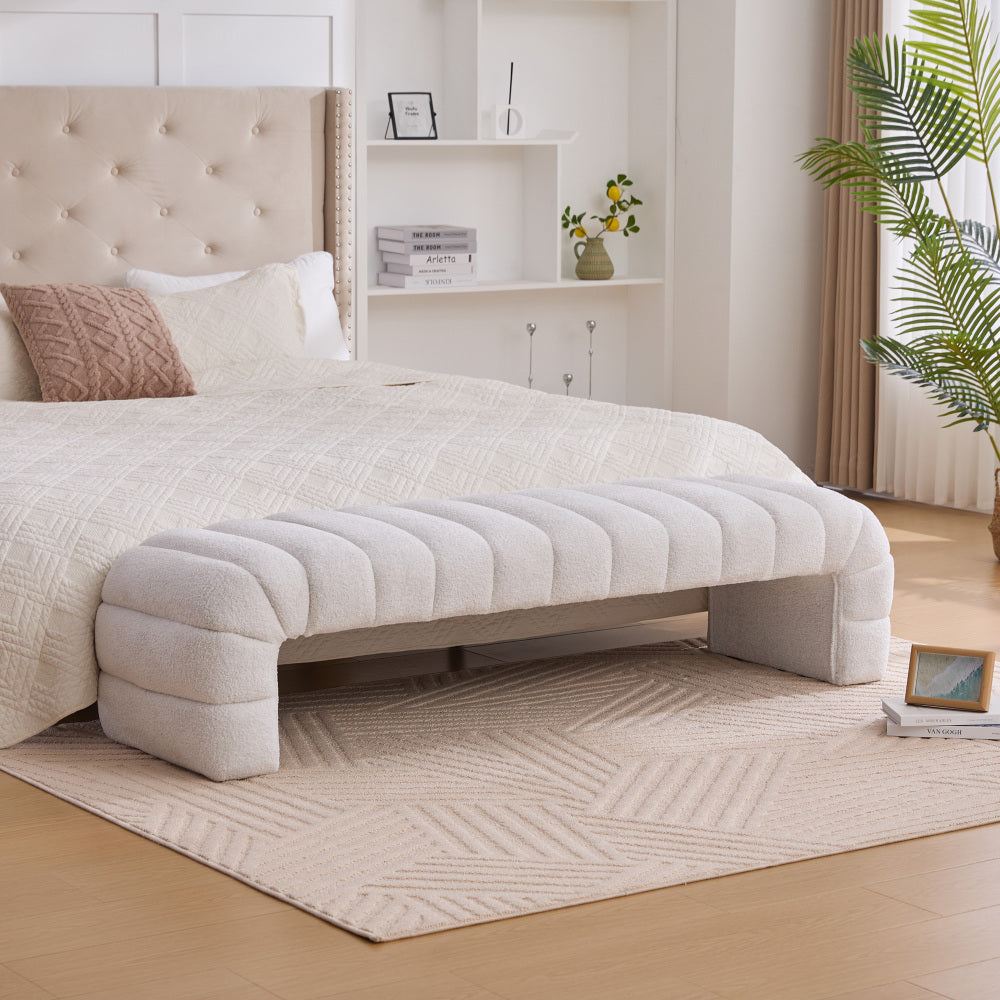 69.7"Wide Modern Upholstered Armless Bed Bench, Channel Tufted Couch Daybed Chaise, Chenille Ottoman Foot Stool for Living Room and Bedroom, Entryway, Ivory