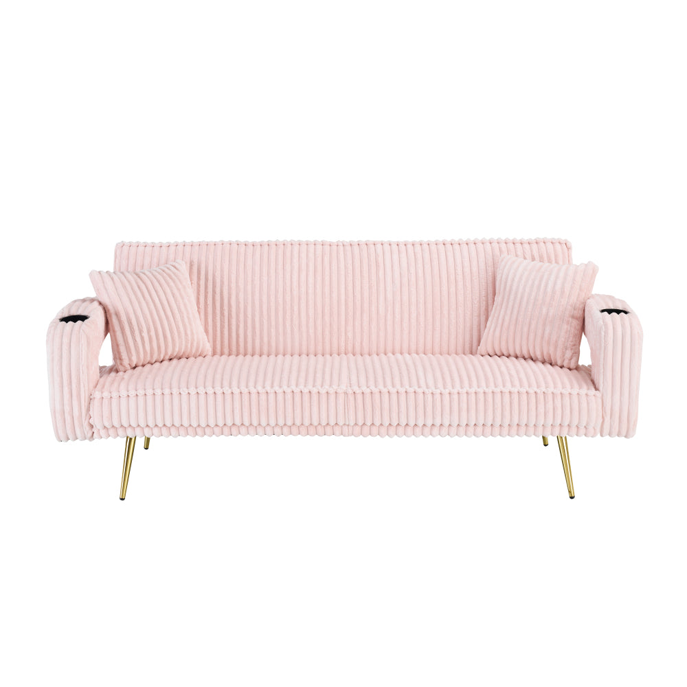 The straight-row white corduroy sofa with throw pillows, featuring a minimalist style, is suitable for the living room and study