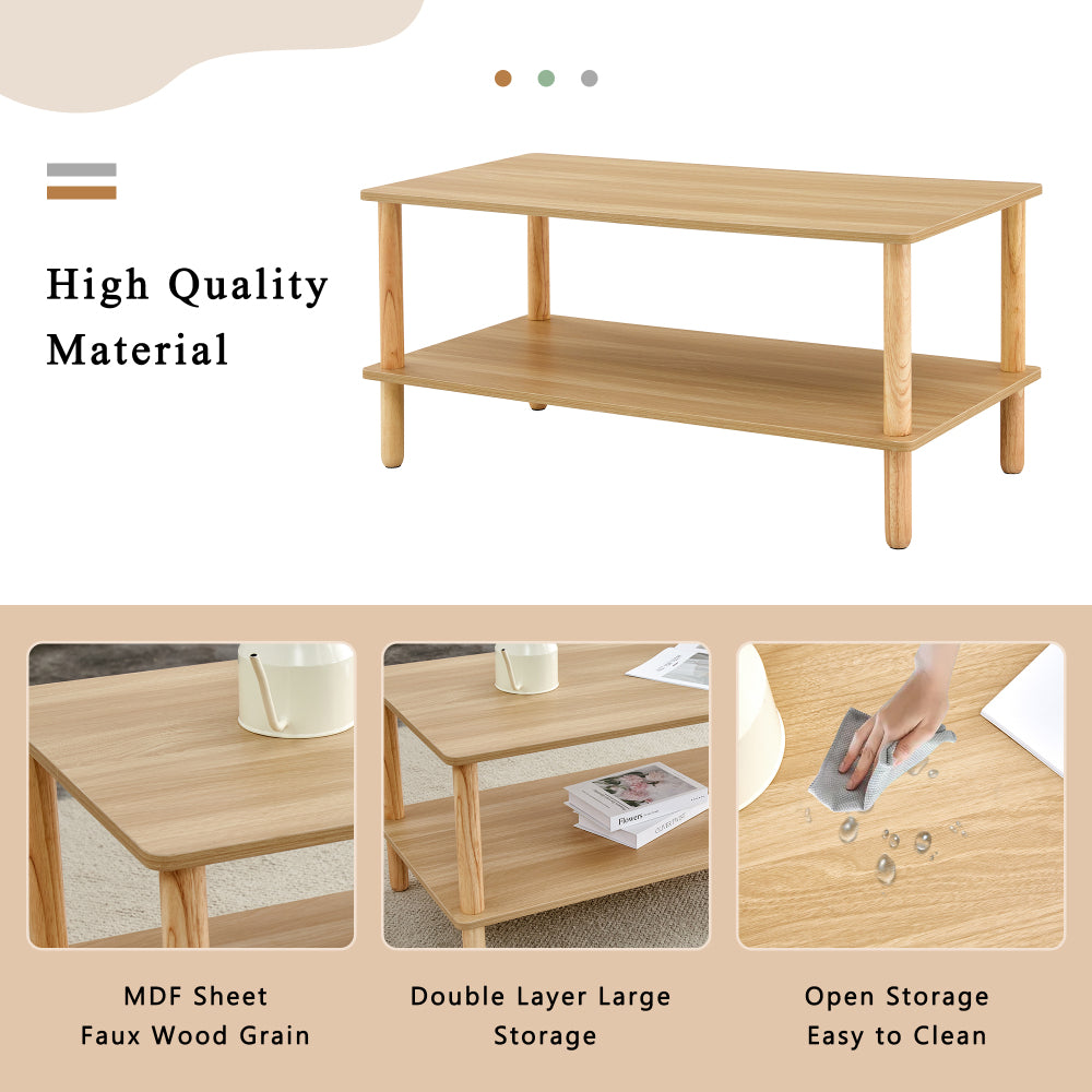 Modern 2-Tier Coffee Table for Living Room Furniture,Rectangular Center Table with Open Storage Shelf,Rounded Rubberwood legs,Stable and Durable,Easy Assembly