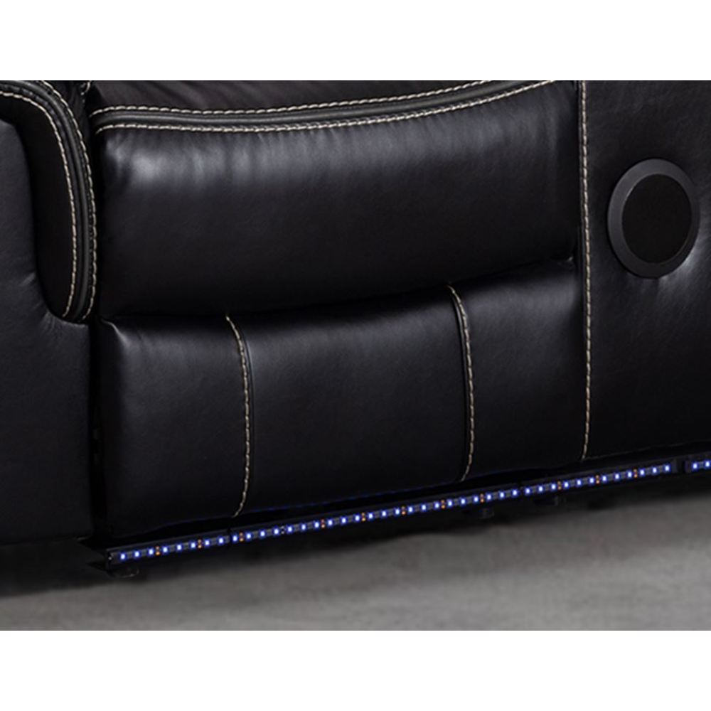 ENCORE 2pc BLACK POWER SOFA, LOVESEAT SET DUAL POWER WITH DROP DOWN TRAY& SPEAKERS, WIRELESS CHARGER, LIGHT TAPE LEATHER GEL USB ON SWITCH