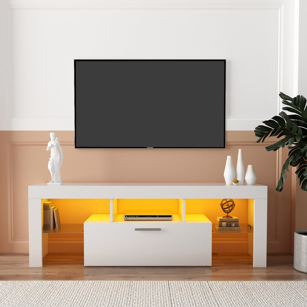 FashionTVstandTVcabinet,EntertainmentCenter,TVstationTV console,media console,with LEDlight belt,light belt remote control,toughenedglassshelf,metal handle,Canbeplaced in the living room,bedroom,White
