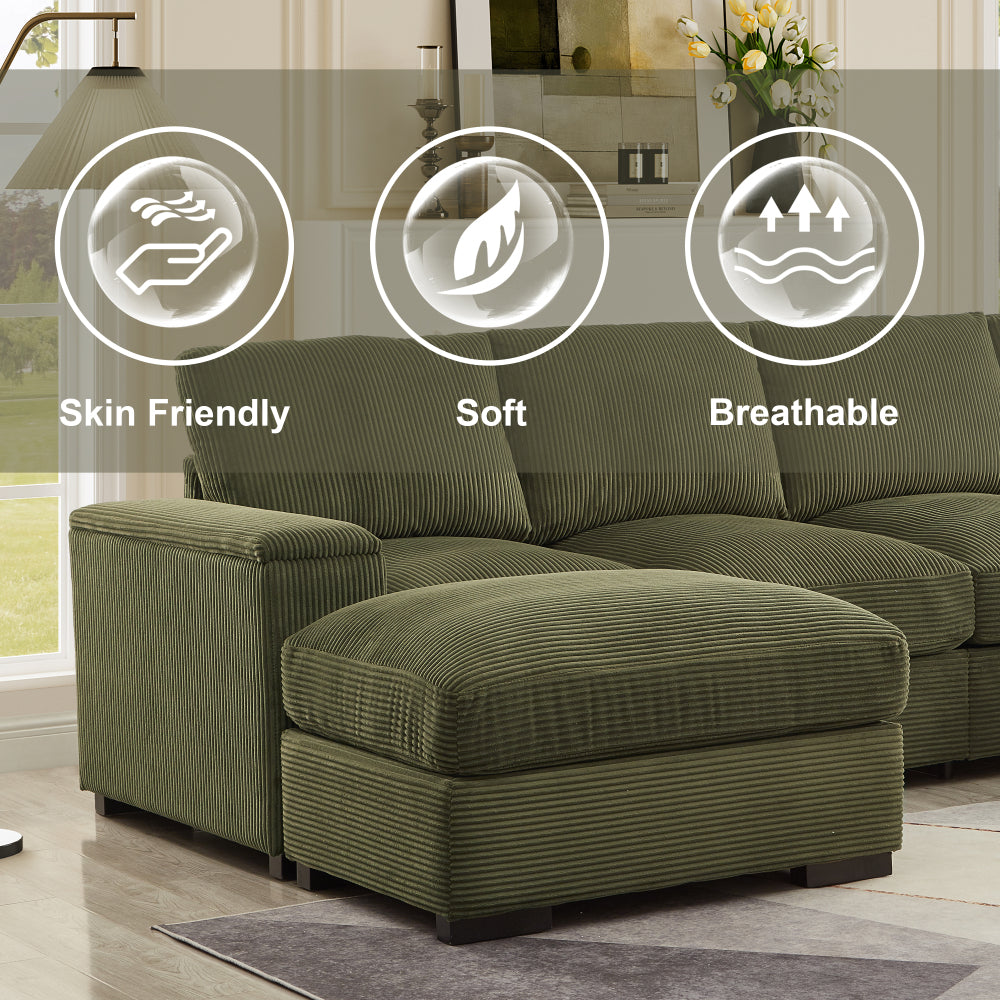 Sectional Sofa Deep Seat Sofa Couch with Ottomans, Corduroy Sofa Sleeper Comfy Upholstered Furniture for Living Room, Apartment, Office, (4-Seat & 2-Ottoman, Dark Green)