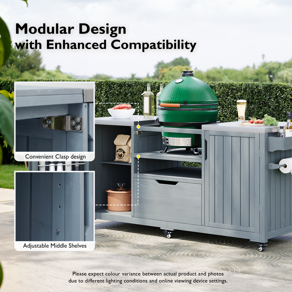 K&K 66.5" Outdoor Kitchen Island for Big Green Egg Grills, Solid Wood Outdoor Grill Cart for Tabletop Grill with Stainless Steel Top, Drawer, Compatible with Large Big Green Egg, Kamado Joe- Grey Blue