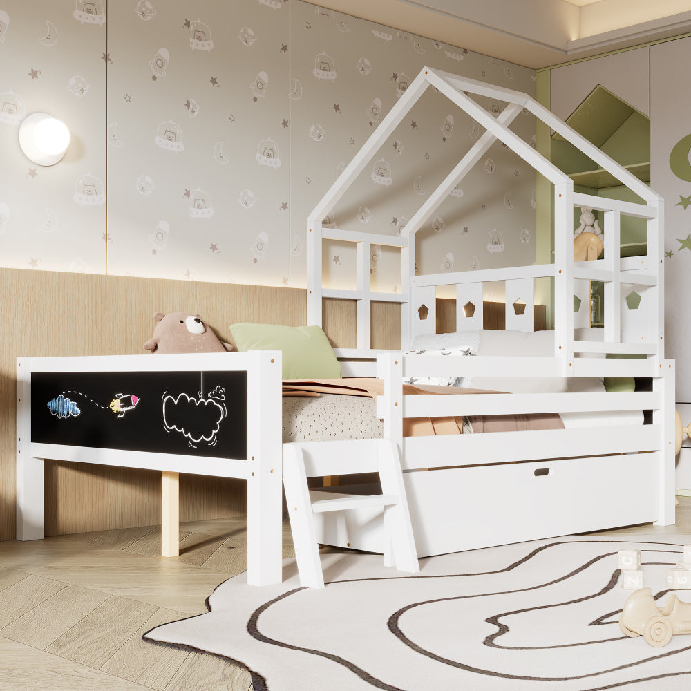Twin Size House Bed with Ladder and Storage Drawers for Kid Bedroom,Solid Wood Platfrom Bedframe with 2 Blackboard Design, No Box Spring Needed, White