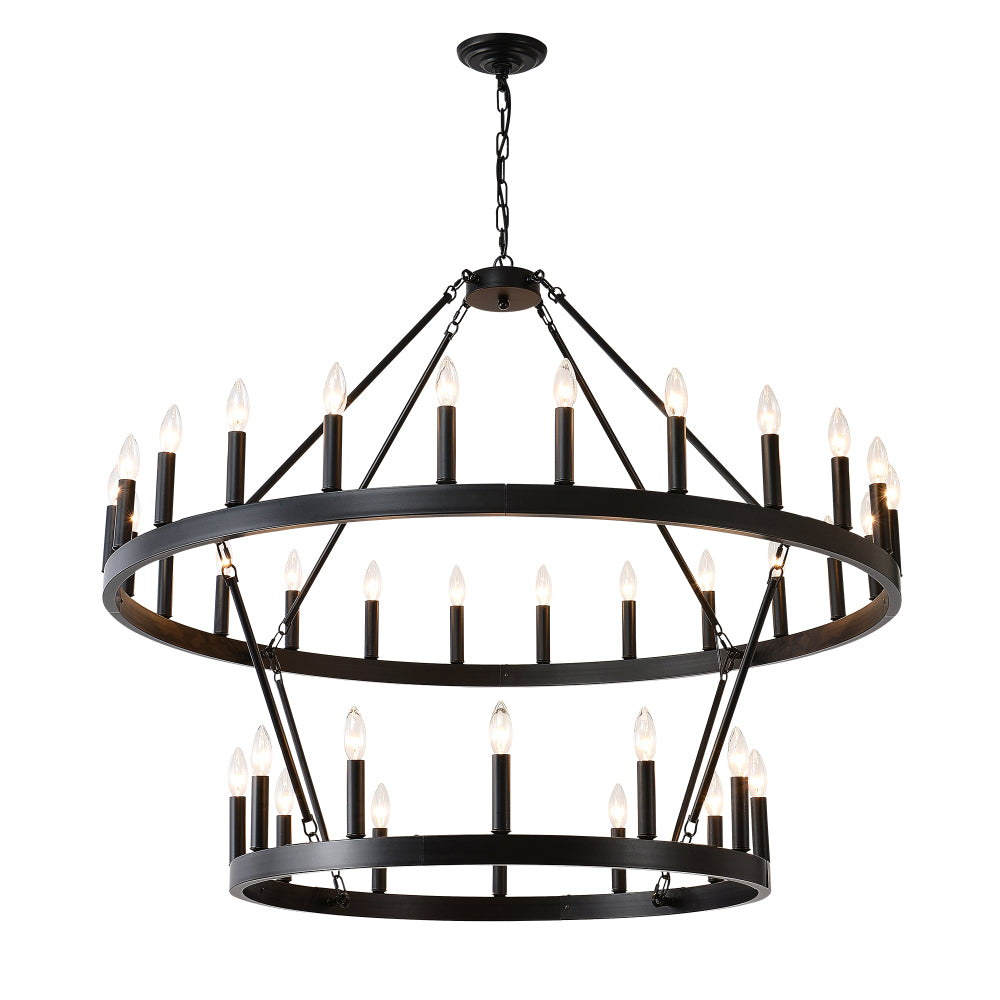 48 Inch Black Extra Large Wagon Wheel Chandelier, 2 Tier 36-Lights(No Include) Farmhouse Industrial Round High Ceiling Pendant Light Adjustable Chain, for Dining Room, Living Room,Kitchen