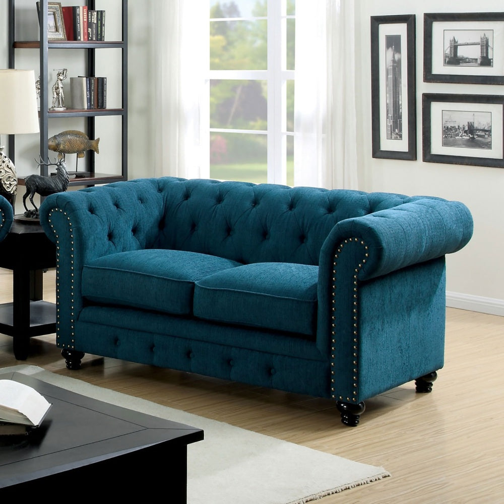 Contemporary Dark Teal Color 1pc Loveseat Button Tufted Couch Rolled Arms Nailhead Trim Leatherette
