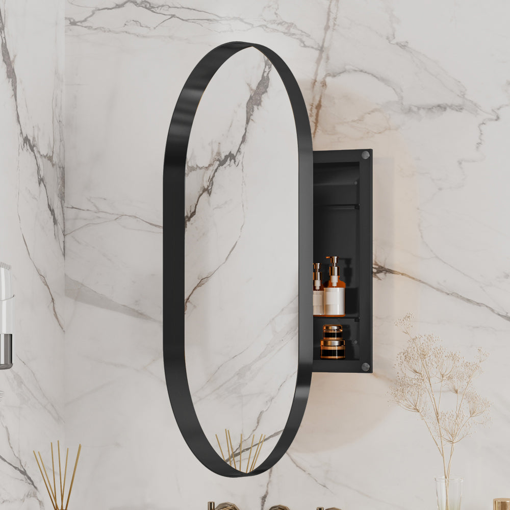 31.5 Inch Surface Mount Round Metal Framed Medicine Cabinet with Mirror and Adjustable Shelves Black Wall Mirror with Storage for Bathroom, Matte Gold