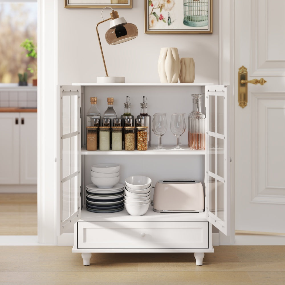 Minimalist White Buffet Cabinet with Double Glass Doors and Drawer, Modern Wooden Storage Sideboard Cupboard for Living room, Dining Room Hallway Entryway