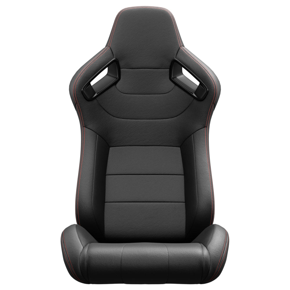 2PC New Universal Bucket Racing Seats Red Stitch Red PVC Leather Reclinable Carbon Look Leather Back With Adjustor Slider(Not Including Seat Bracket ) 1 box of 2 pieces