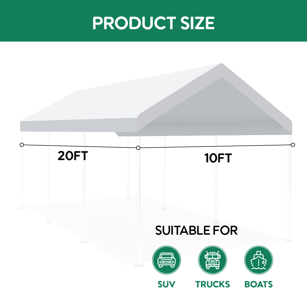 10 x 20 Ft Carport Replacement Canopy Cover Garage Top Tent Shelter with 36 Ball Bungee Cords Heavy Duty Waterproof UV & Tear Resistant, Easy Assembly, White (Only Cover, Frame Not Include) - White