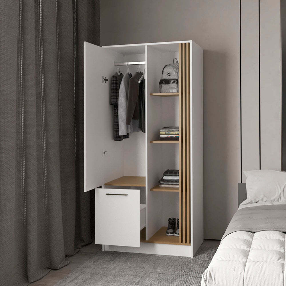 Natural Oak Wardrobe Organizer with Shelves and Rod