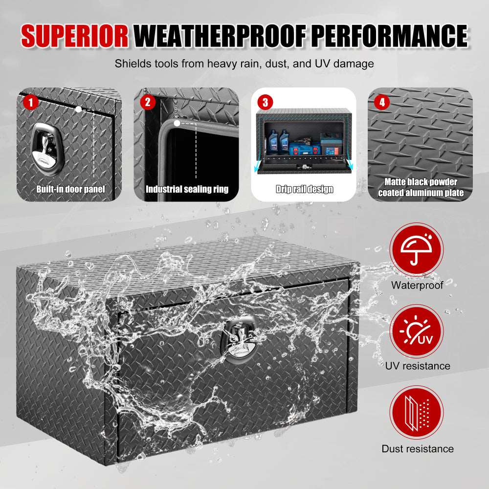 36 inch aluminum underbody truck tool box heavy duty underbed toolbox tool storage organizer chest with lock and keys, waterproof trailer box, extra thick diamond thread plate matte black finish