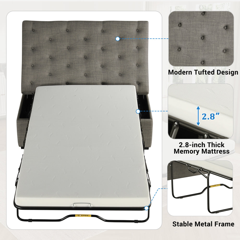 Folding Sofa Bed, 49.6" Ottoman with a Folding Sofa Bed, Convertible Ottoman Sleeper with Memory Mattress and Tufted Design for Living Room, Gray