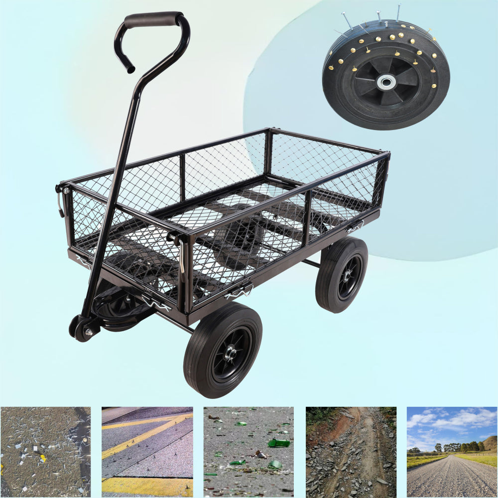 (Black +Yellow solid wheels wagon cart)Solid wheels Tools cart Wagon Cart Garden cart trucks make it easier to transport firewood