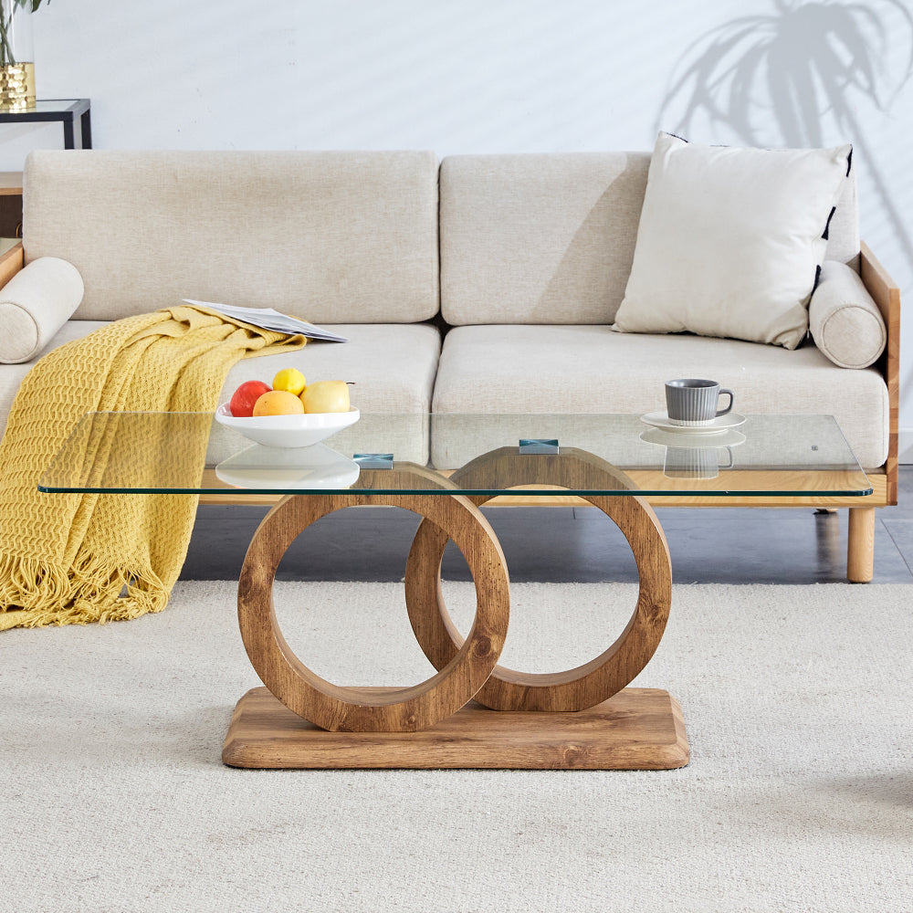 Modern Style Glass Top MDF Coffee Table with Natural Wood Color Base - Suitable for Living Rooms and Lounge Areas, with Product Dimensions of 47.2*25.6*17.8