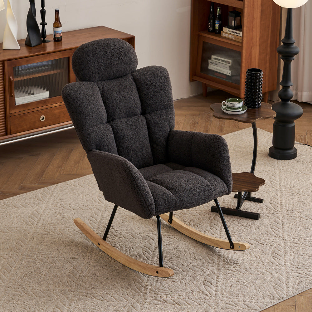 055-Teddy Fabric Upholstered Nursery Rocking Glider Chair Modern Accent Armchair Padded Seat with High Backrest and Pillow for Living Room Bedroom (Ivory)